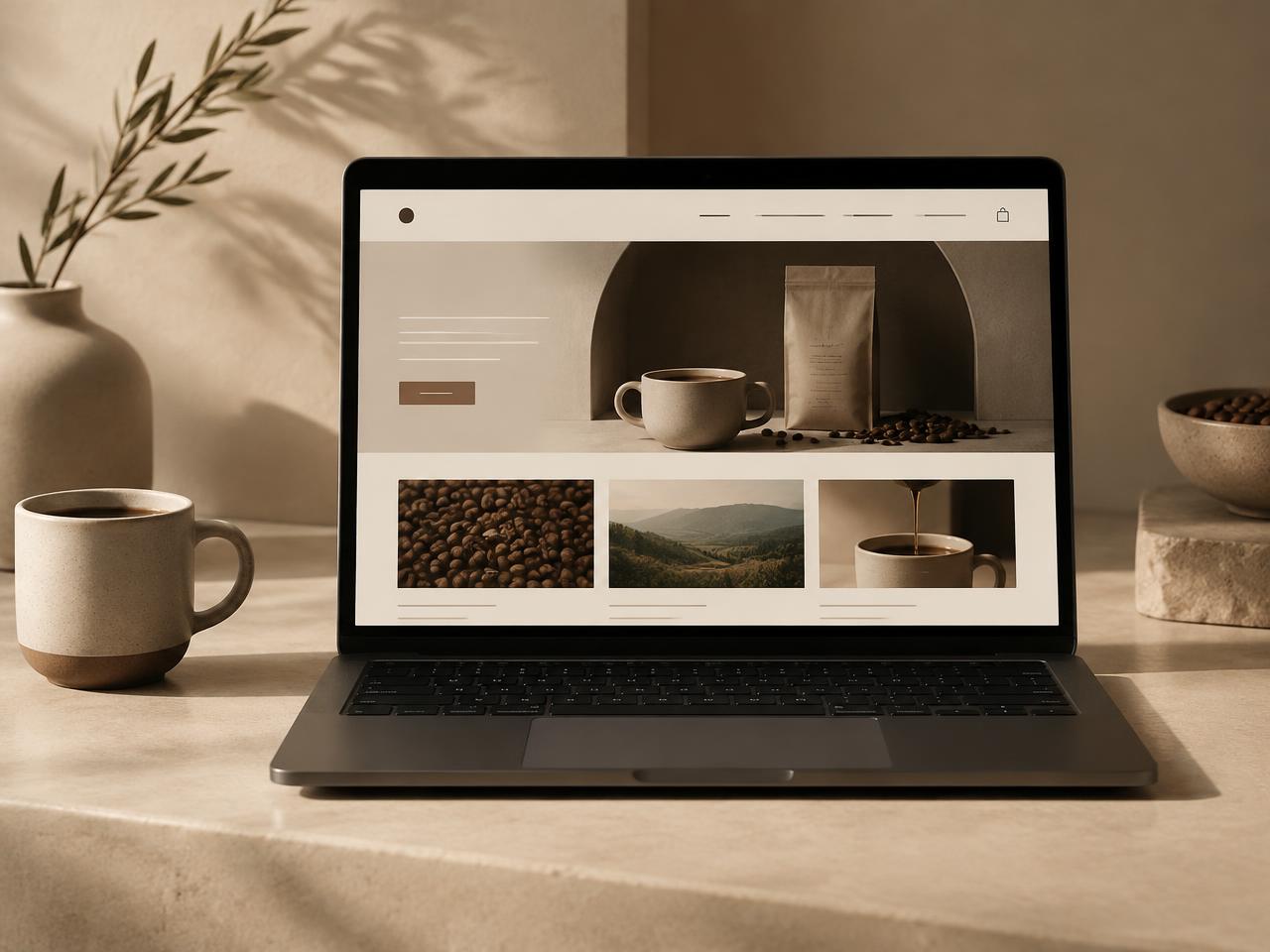 Concept homepage design for a coffee roaster shown on a laptop